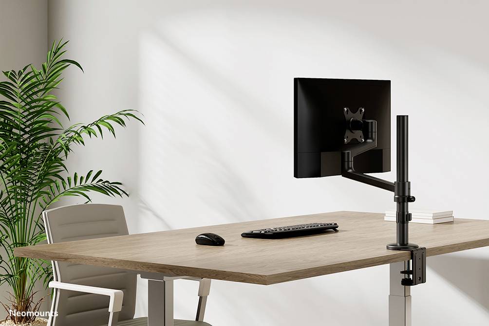 Ein moderner Schreibtisch mit einem montierten Bildschirm, einer Tastatur und einer Maus. Neben dem Tisch steht eine große grüne Pflanze.