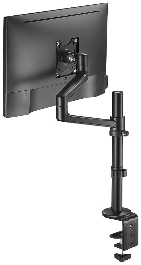 Ein Monitorarm mit einem montierten Bildschirm, der vertikal einstellbar ist. Er wird mit einer Klemme an einem Tisch befestigt.