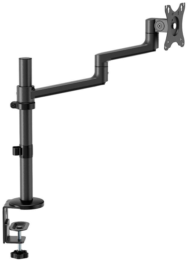 Ein verstellbarer Monitorarm, der an einem Tisch befestigt ist. Er ermöglicht flexible Positionierung und hat eine Halterung für den Bildschirm.
