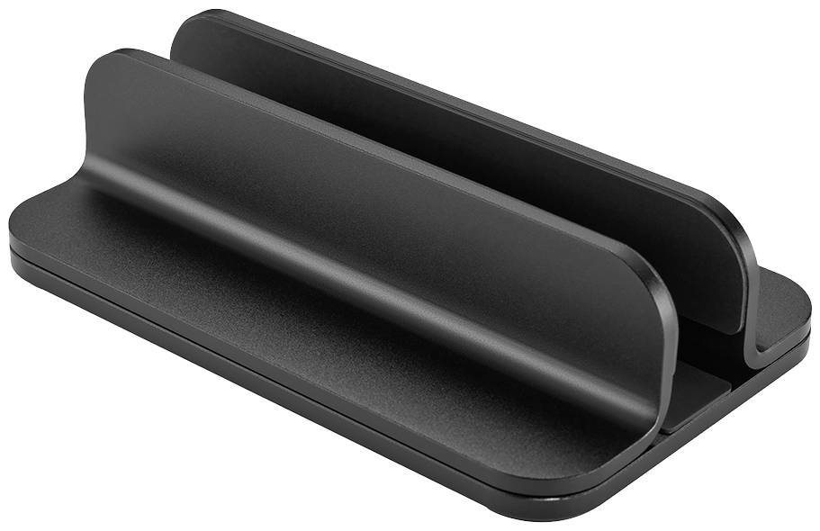 Schwarzer, minimalistischer Laptopständer mit zwei vertikalen Schlitzen zur Aufbewahrung. Ideal zum sicheren Platzsparen auf dem Schreibtisch.