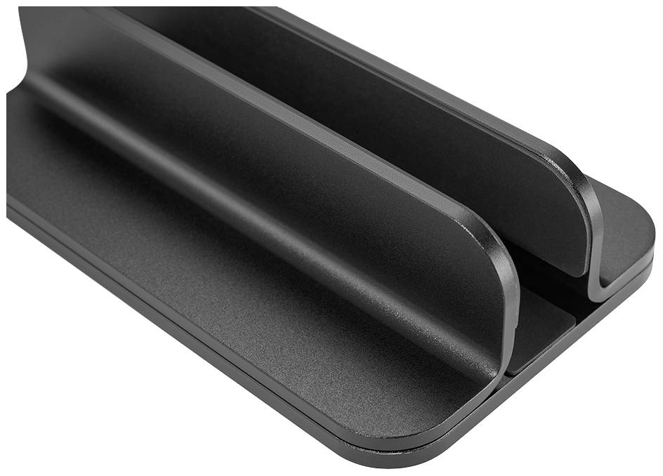 Schwarzer, minimalistischer Laptop-Ständer aus Metall mit einer breiten, offenen Halterung zur vertikalen Aufbewahrung eines Laptops.