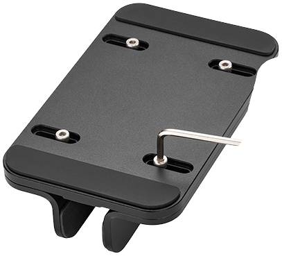 Schwarze, rechteckige Halterung mit vier Schraubenlöchern und einem L-förmigen Inbusschlüssel, auf einem weißen Hintergrund.