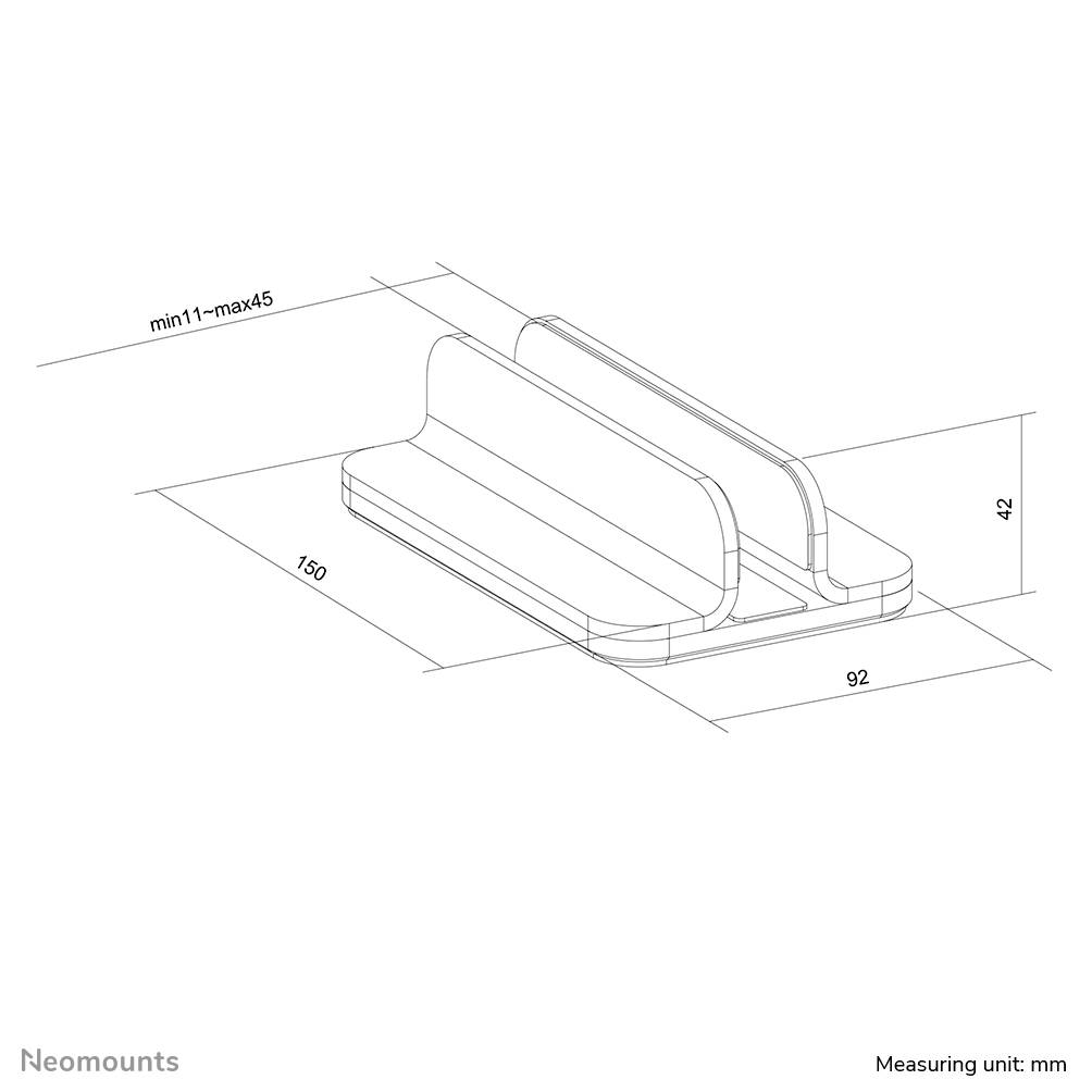 Technische Zeichnung eines vertikalen Laptopständers. Maße: Breite 150 mm, Tiefe 92 mm, Höhe 42 mm. Einstellbarer Spalt: 11-45 mm.