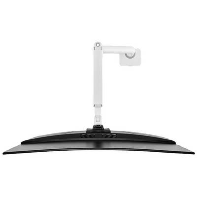Ein weißer Monitorarm hält einen schwarzen Bildschirm, der leicht nach unten gekippt ist. Ideal für ergonomische Bildschirmplatzierung.