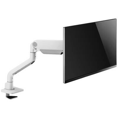 Ein weißer Monitorarm hält einen schwarzen Flachbildschirm; der Arm ist flexibel einstellbar und an einem Tisch befestigt.
