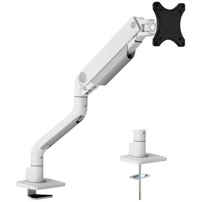 Monitorarm aus weißem Metall mit Gelenken, Tischklemme und Halterung zur Höhenverstellung. Dient zur flexiblen Positionierung von Bildschirmen.