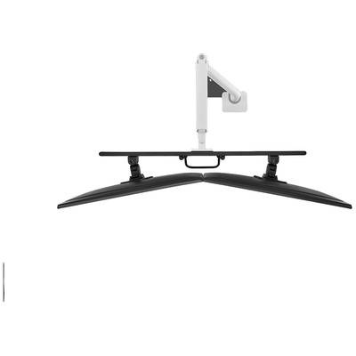 Ein weißer Monitorarm hält zwei gekrümmte Monitore nebeneinander, die nach unten zeigen. Der Arm ist an einer weißen Basis befestigt.