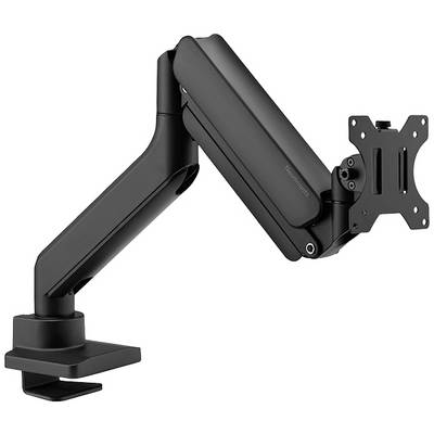 Ein schwarzer, verstellbarer Monitorarm mit Tischklemme, geeignet zur Befestigung eines Monitors.