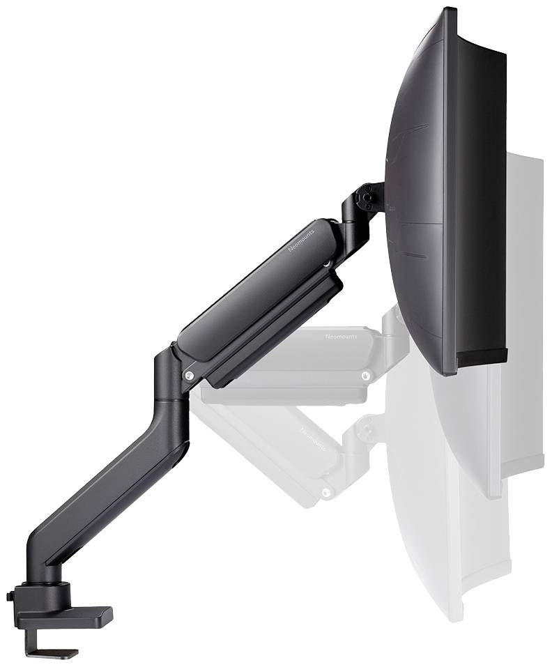 Ein verstellbarer Monitorarm mit Gelenken und Schwenkfunktion, um einen Bildschirm in verschiedenen Positionen zu montieren und auszurichten.