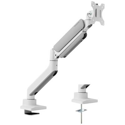 Monitorhalterung aus grauem Metall mit verstellbarem Arm und Klemmbefestigung. Sorgt für flexible Positionierung von Bildschirmen.
