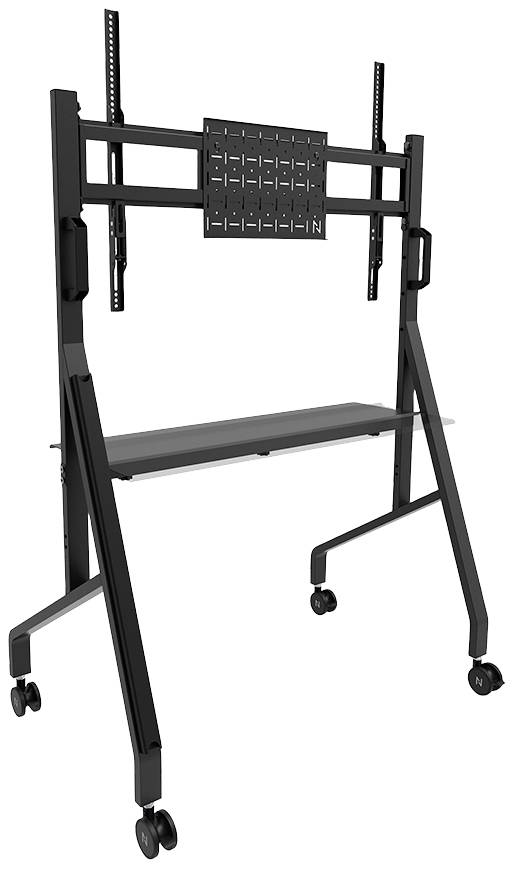 Ein schwarzer mobiler TV-Ständer auf Rollen, geeignet für große Bildschirme, mit höhenverstellbarer Halterung und Ablagefläche.