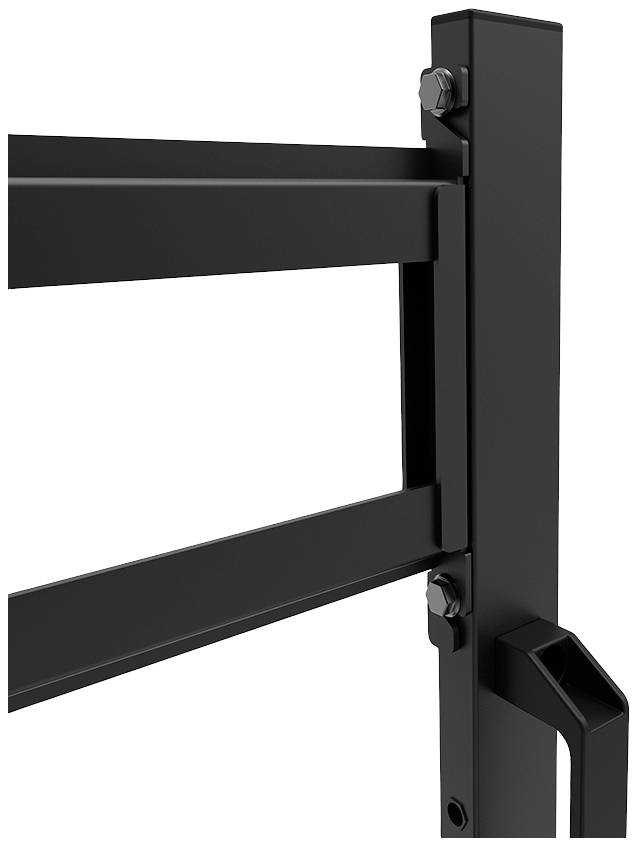 Nahaufnahme eines Metallzauns mit vertikalen und horizontalen Streben, verbunden durch Bolzen. Moderne, robuste Konstruktion.