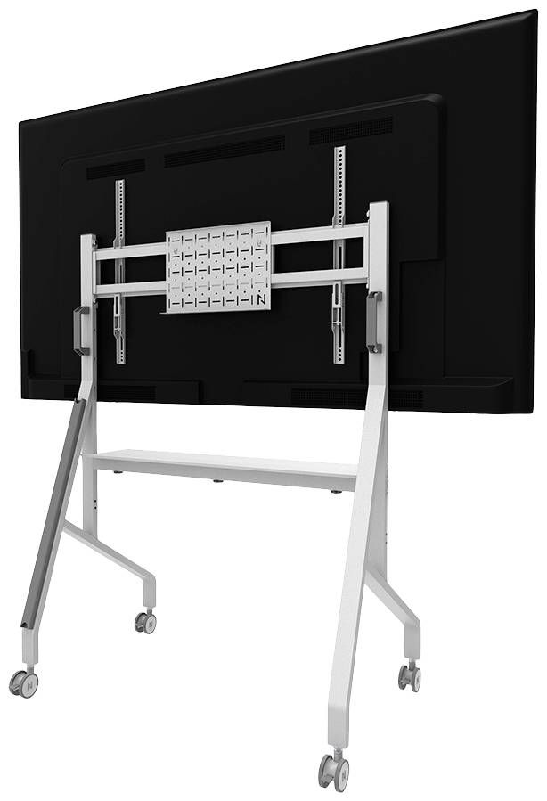 Rückansicht eines großen schwarzen Bildschirms, montiert auf einem weiß-silbernen Rollgestell mit vier Rädern.