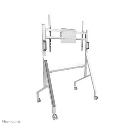 Ständer mit Rädern für Bildschirme, höhenverstellbar, silberfarben, in modernem Design, geeignet für Präsentationen oder Büro.