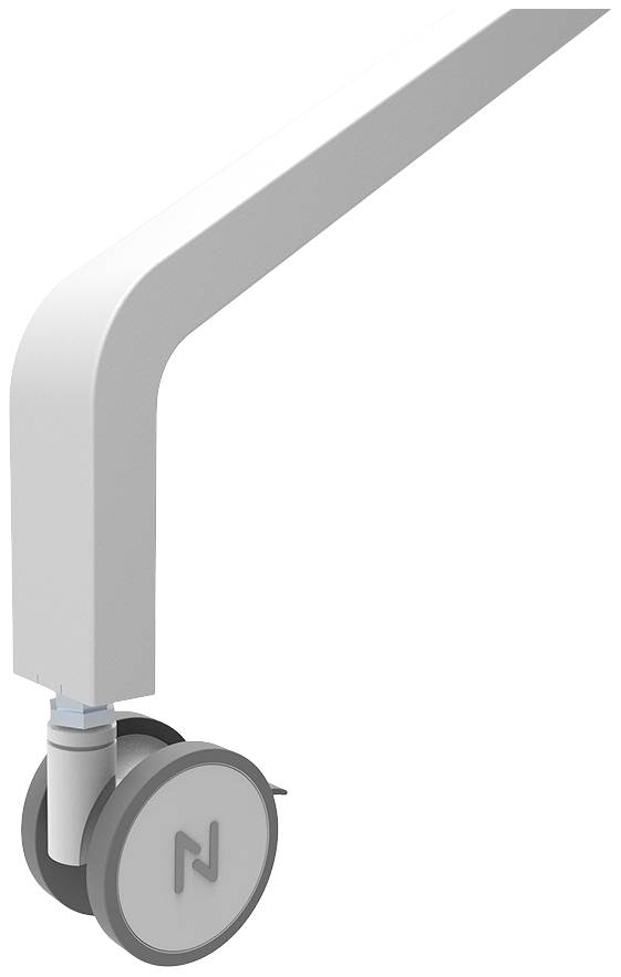 Ein weißes Tischbein mit einem Rollenfuß, der ein 'N'-Symbol trägt. Ideal für bewegliche Möbel.