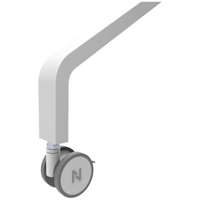 Ein weißes Tischbein mit einem Rollenfuß, der ein 'N'-Symbol trägt. Ideal für bewegliche Möbel.