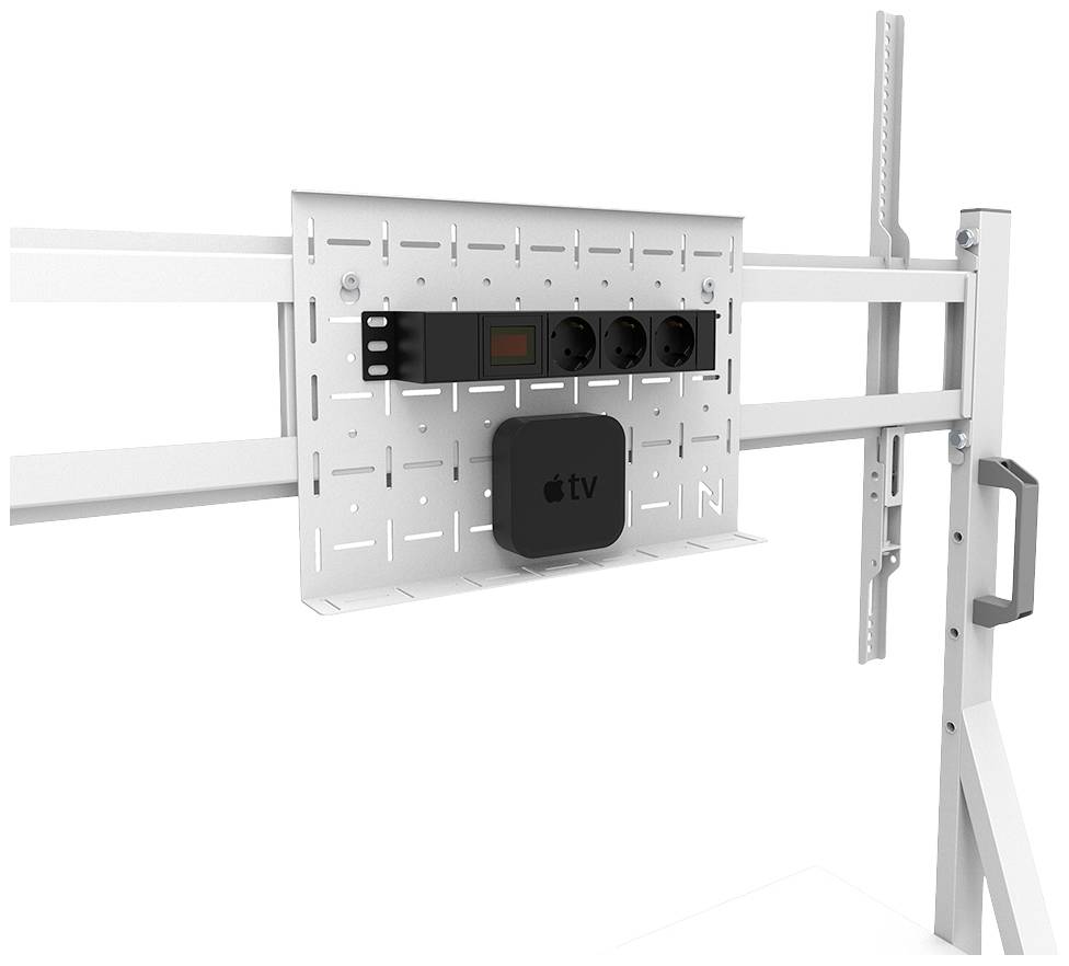 Metallhalterung an einem Rahmen mit Steckdosenleiste und einem kleinen Gerät befestigt, geeignet für TV-Installation oder Technikaufbewahrung.
