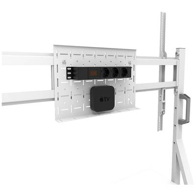 Metallhalterung an einem Rahmen mit Steckdosenleiste und einem kleinen Gerät befestigt, geeignet für TV-Installation oder Technikaufbewahrung.