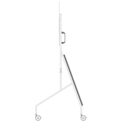 Seitliche Ansicht eines mobilen Präsentationsständers mit Rollen, Griff für einfache Bewegung, neigbare Platte für Flexibilität.