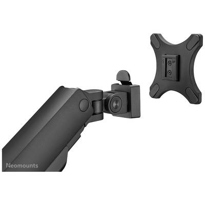 Bild eines schwarzen Monitorarms mit VESA-Halterung. Rechteckige Befestigung an einem Gelenk, geeignet für Monitore.