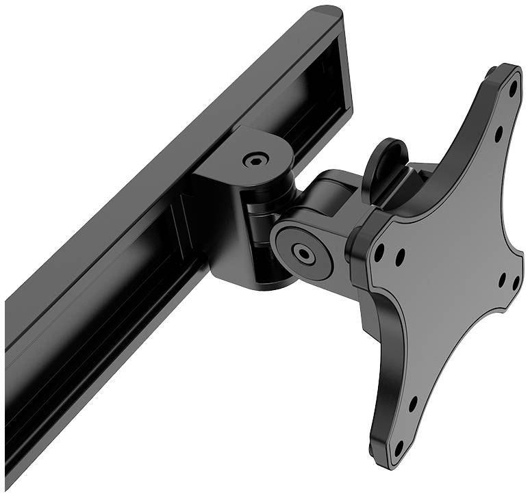 Ein schwenkbarer Monitorarm aus schwarzem Metall, geeignet zur Befestigung von Bildschirmen, dargestellt in seitlicher Ansicht.