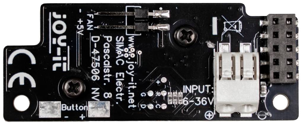 'Joy-it' elektronische Schaltung mit Anschlüssen und Schalter. Schwarzes Brett mit weißer Beschriftung, inklusive Link zu Herstellerwebsite.