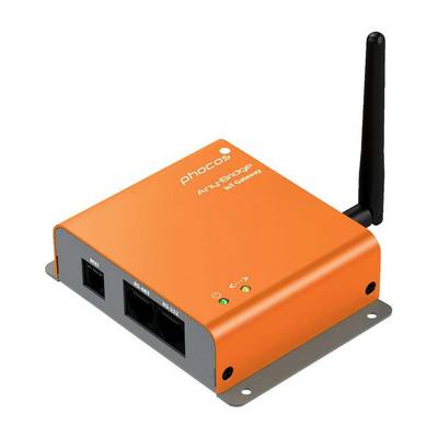 Kompaktes orangefarbenes IoT-Gateway-Gerät mit zwei Ethernet-Anschlüssen und einer Antenne, verwendet für drahtlose Datenübertragung.