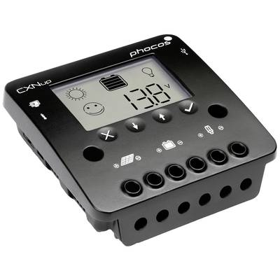 Solar-Laderegler mit digitalem Display zeigt 13,8 V. Symbole für Sonne, Batterie, Smiley und Bedienknöpfe auf der Vorderseite.