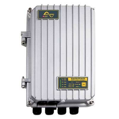 'Steca Solarix MPPT 1010' Solarladeregler, graues, geripptes Gehäuse, gelbes Display mit Tasten. Optimiert die Solarpanel-Leistung.