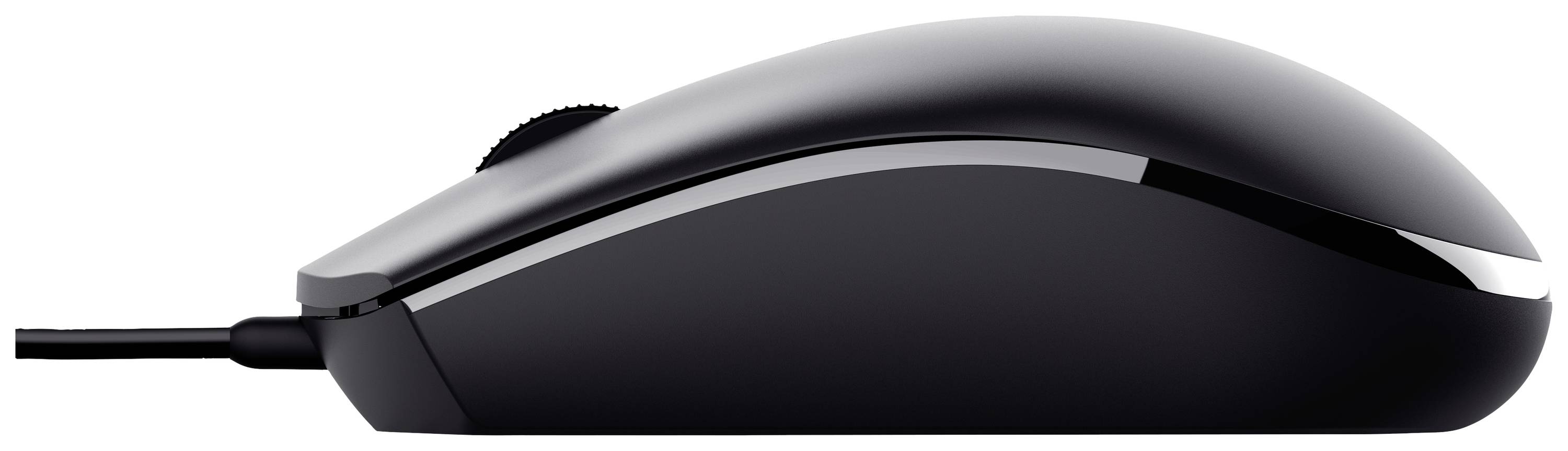 Schwarze Computermaus mit Kabel, seitliche Ansicht, schlankes Design.