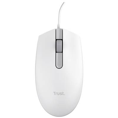 Weiße Computermaus mit Scrollrad und dem Logo 'Trust.' auf der Oberseite.