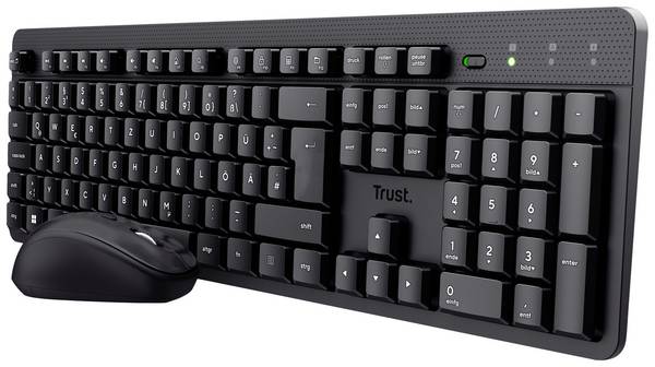 Trust TKM-360 Kabellos Tastatur, Maus-Set Geräuscharme Tasten, Hotkey Funktion, Integriertes Scrollrad, mit numerischer Tastatur, Multimediatasten Deutsch, QWERTZ Schwarz