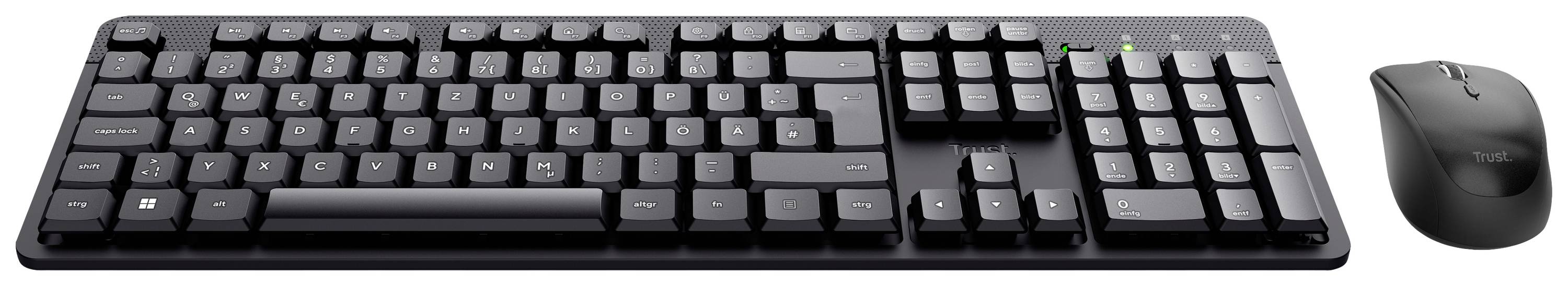 Schwarze kabellose Tastatur mit integriertem Nummernblock rechts und einer optischen Maus daneben, geeignet für den Bürogebrauch.