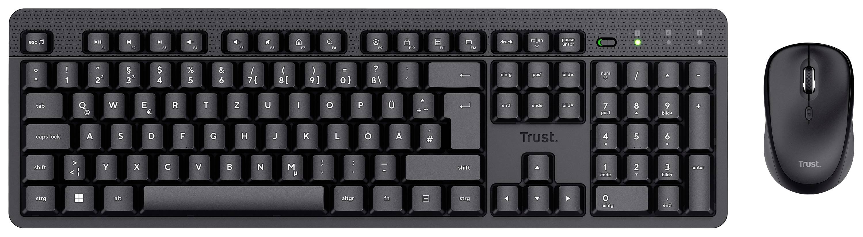 Schwarze Tastatur mit QWERTZ-Layout und dazugehöriger kabelloser Maus. Beide sind schlicht gestaltet und tragen den Markennamen.