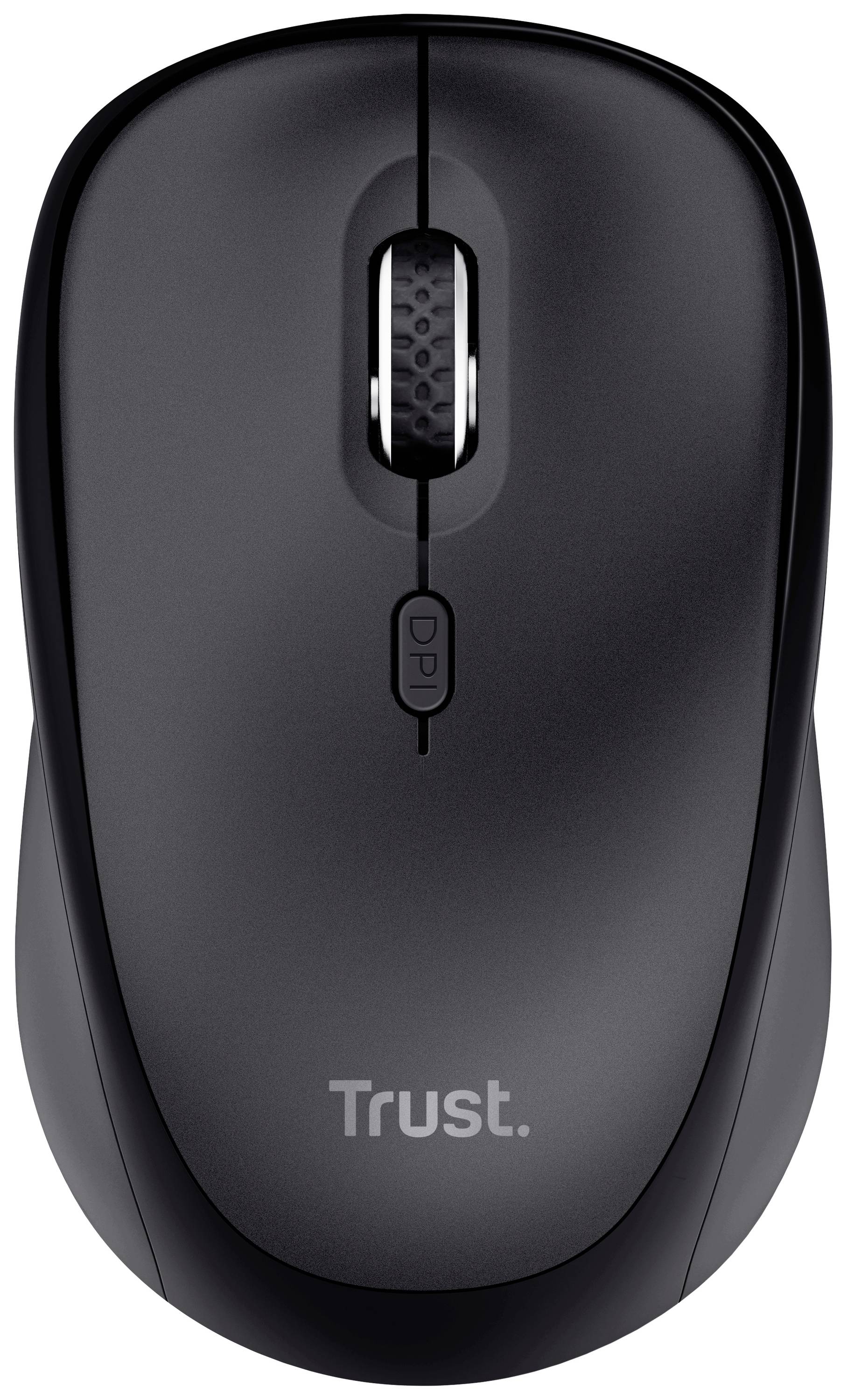 Eine schwarze kabellose Computermaus der Marke 'Trust' mit einem Scrollrad und einem DPI-Schalter in der Mitte.