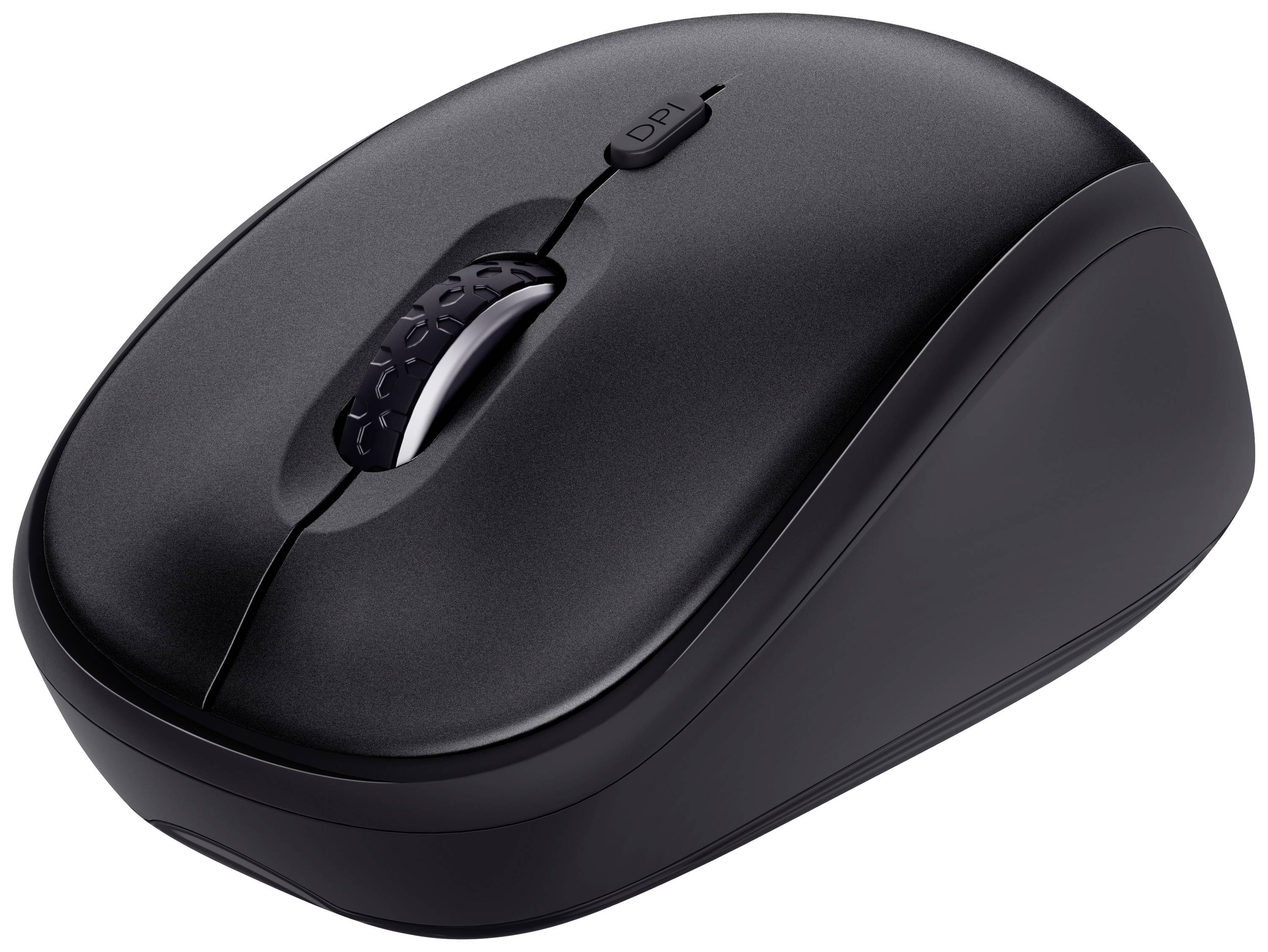 Schwarze drahtlose Computermaus mit DPI-Taste, kompakte Form, geeignet für bequemes Arbeiten am PC oder Laptop.