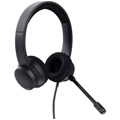 Schwarzes Headset mit gepolsterten Ohrmuscheln und einem verstellbaren Mikrofonarm, geeignet für Kommunikation und Musik.