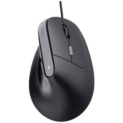 Schwarze ergonomische Maus mit vertikalem Design und Kabel. Die Maus hat ein Scrollrad und zwei Tasten. Geeignet für komfortables Arbeiten.