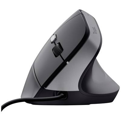 Ergonomische vertikale Maus in Schwarz und Grau mit Kabel, seitlicher Daumenstütze und zwei Tasten mit Scrollrad oben.