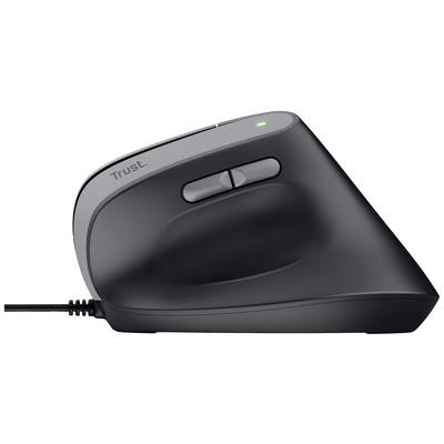 Ergonomische vertikale Maus in Schwarz mit zwei Daumentasten und Kabel.