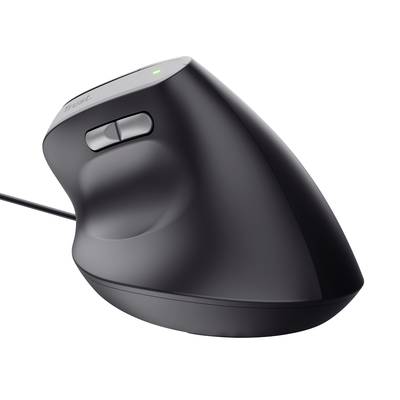 Schwarze vertikale Maus mit Kabel, ergonomisches Design, zwei Daumentasten, eignet sich zur Reduzierung von Handgelenkbelastung.