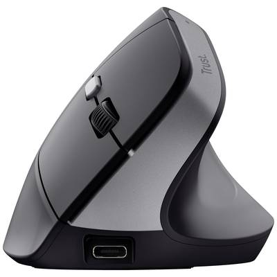 Vertikale, ergonomische Computermaus in Grau und Schwarz mit seitlichen Maustasten und Scrollrad. USB-C-Anschluss unten sichtbar.