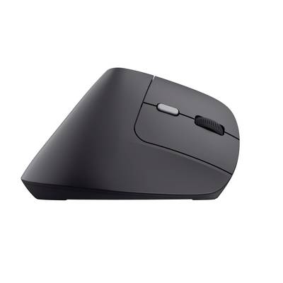 Eine ergonomische, vertikale Computermaus mit zwei Tasten und einem Scrollrad, seitliche Ansicht. Entworfen für komfortables Arbeiten.