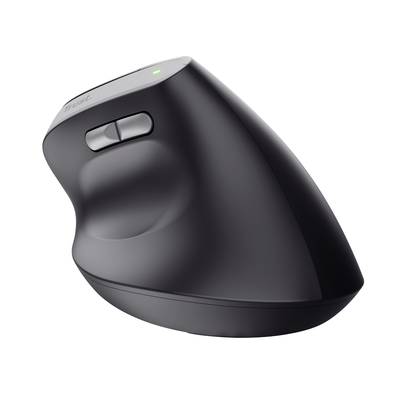 Ergonomische vertikale Maus in schwarzer Farbe, gestaltet zur Reduzierung von Handgelenkbelastung, mit zwei Daumentasten.