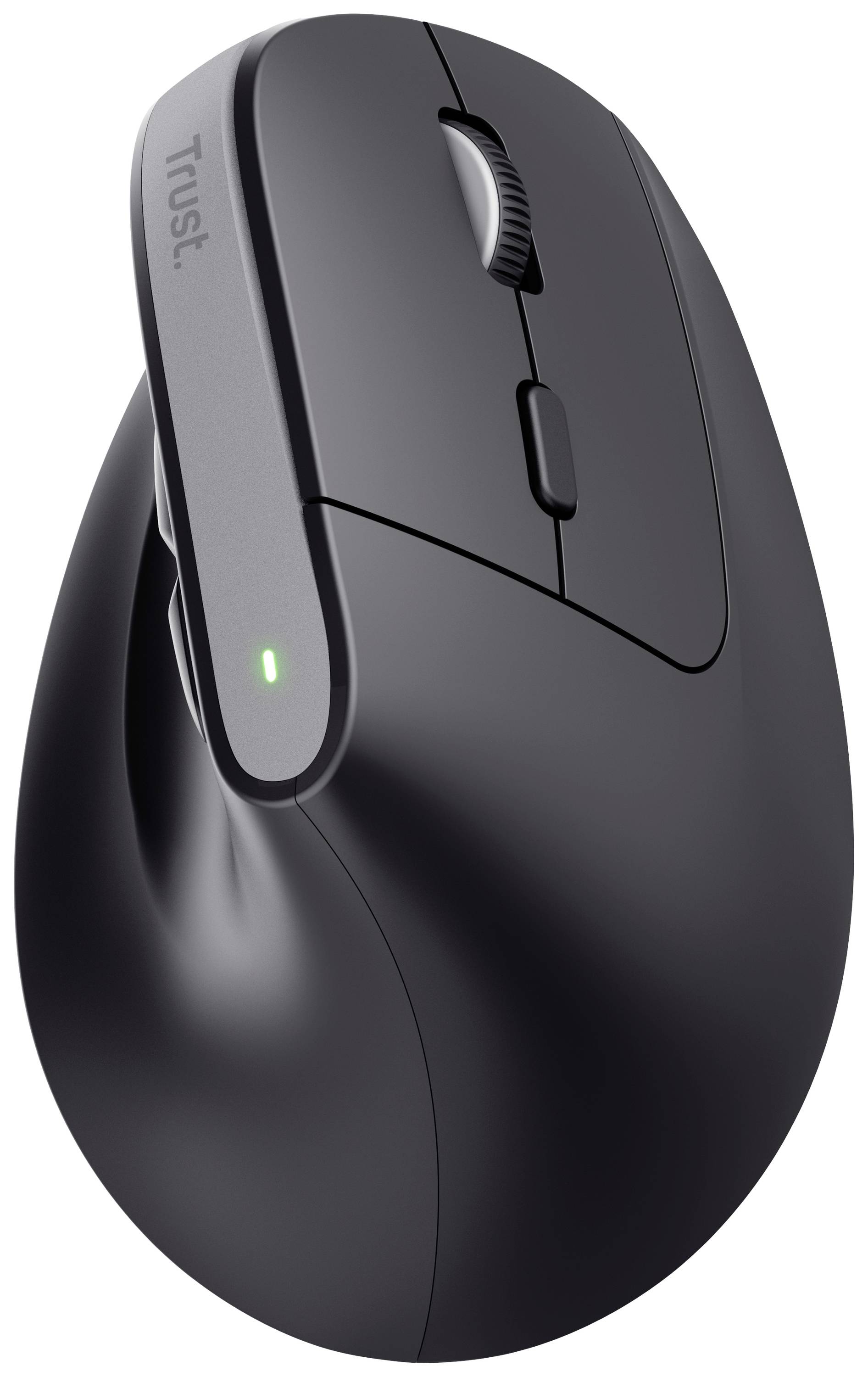 Kabellose, ergonomische Computermaus in Schwarz, mit Scrollrad und zwei Tasten, seitlicher Leuchte für Verbindungsstatus.