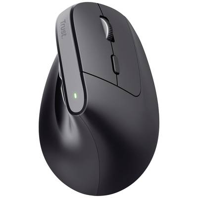 Kabellose, ergonomische Computermaus in Schwarz, mit Scrollrad und zwei Tasten, seitlicher Leuchte für Verbindungsstatus.