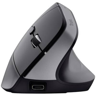 Ergonomische vertikale Computermaus mit Daumentasten und USB-C-Anschluss, geeignet für eine bequeme Handpositionierung.