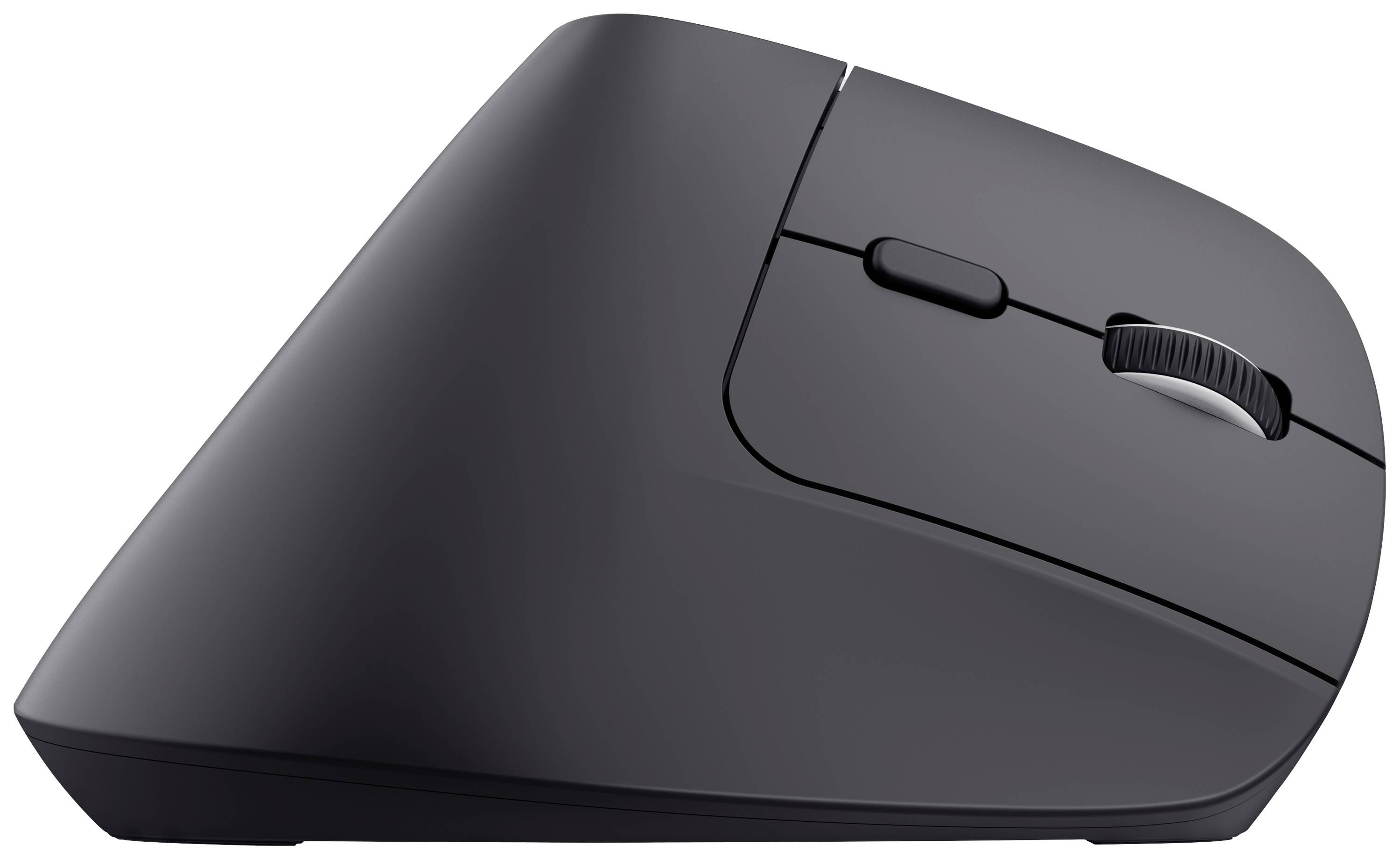 Schwarze, ergonomische Computermaus mit seitlichen Tasten und Scrollrad, ansprechend für eine komfortable Handhaltung entworfen.