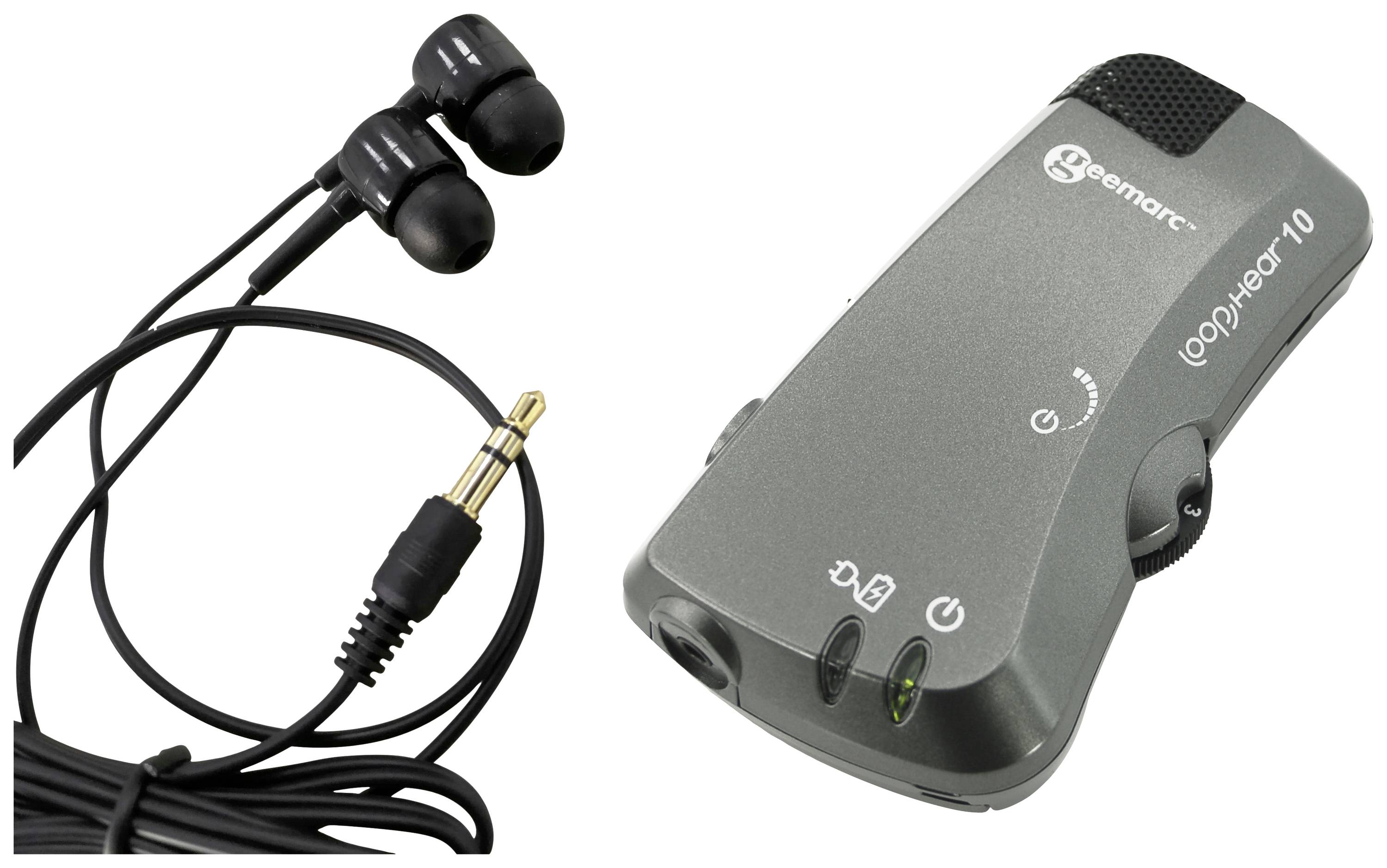 Ein tragbares Hörgerät, bestehend aus einem grauen Empfänger mit Bedienelementen und einem Paar schwarzer In-Ear-Kopfhörer mit Kabel.