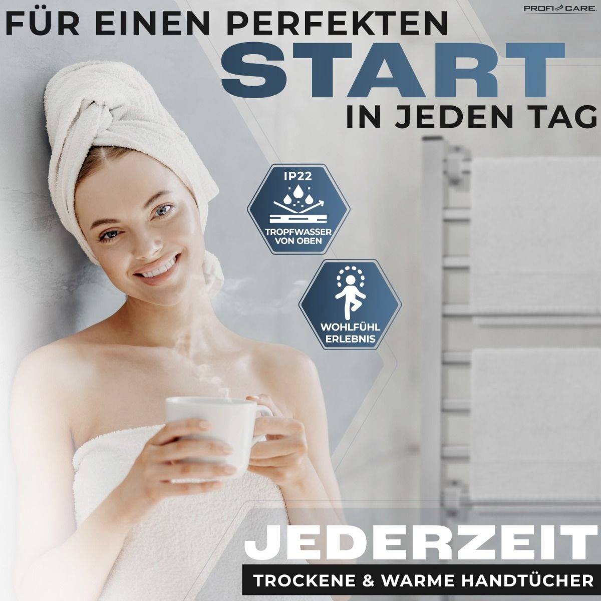Eine lächelnde Frau mit Handtuch auf dem Kopf hält eine Tasse. Text: 'Für einen perfekten Start in jeden Tag'. Werbung für beheizte Handtuchhalter.